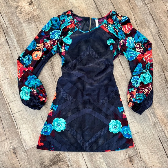 Womens Floral Mini Dress Small | Navy Balloon Sleeve Dress | Tie Back - Picture 2 of 8